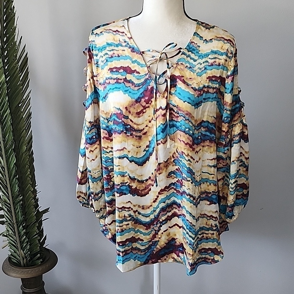 Cato multicolored tie neck cold should blouse NWT